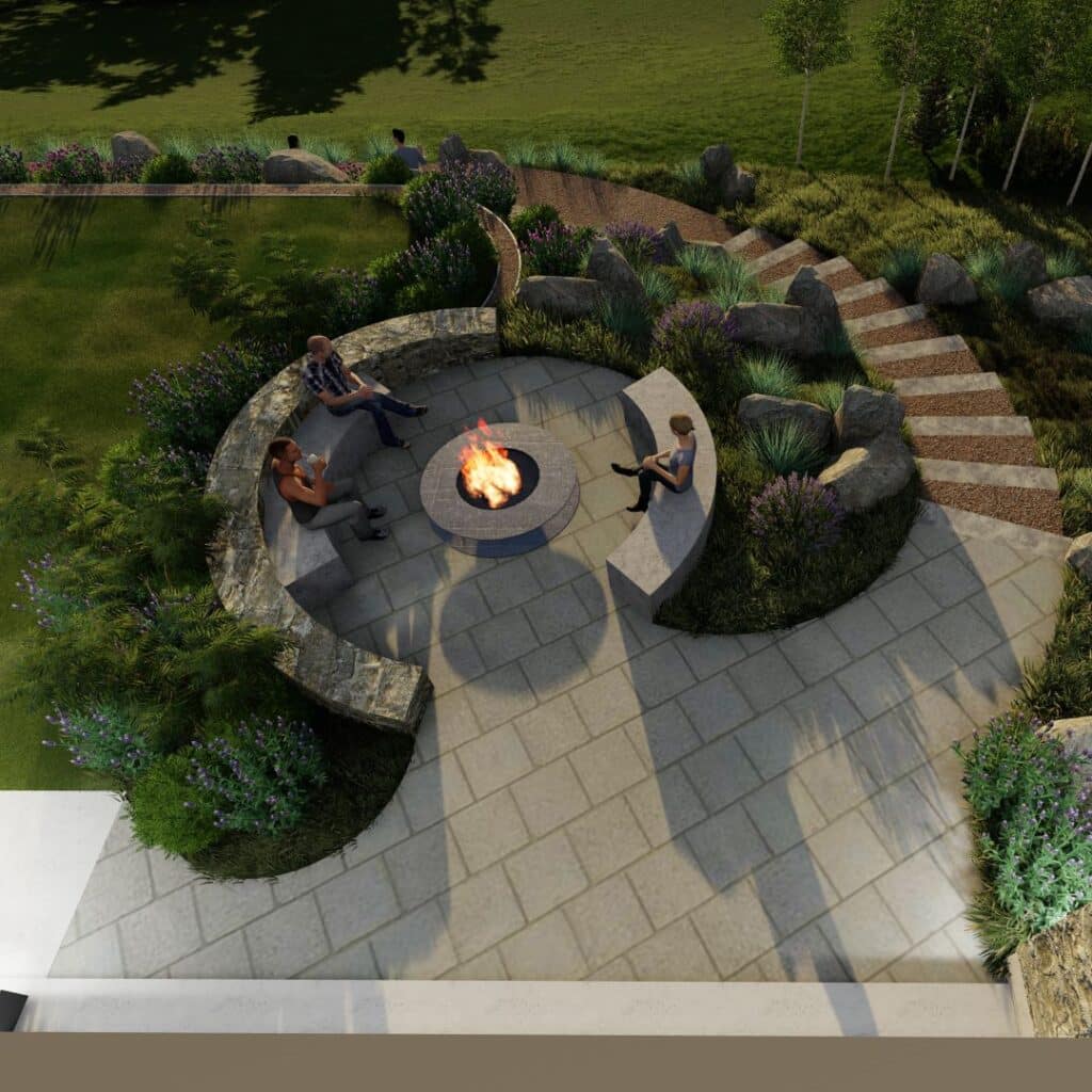 311 White Pine - firepit and patio aerial view